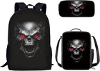 3PCS Skull Print Blue School Bag, 17 Inch Laptop Bookbag Daypack Knapsack Rucksack Lunch Bags Pen Case for College Student