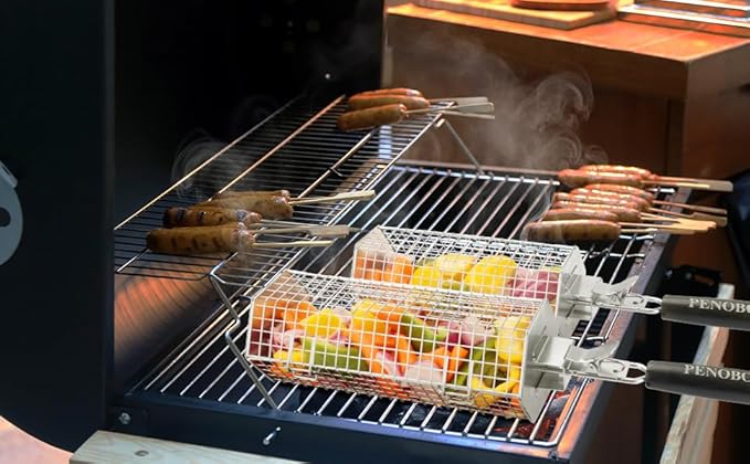 Hexagonal Rolling Grilling Basket Set, 2 PCS Stainless Steel BBQ Grill Baskets with Removable Wooden Handles, Large & Small Nestable Design for Outdoor Camping, Ideal for Vegetables, Meat & Seafood on Gas/Charcoal Grill