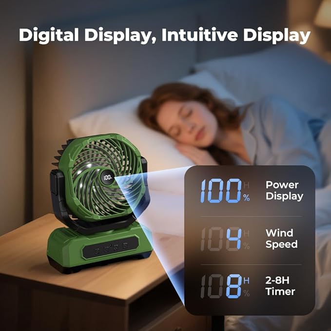30000mAh Portable Camping Fan with RGB Lantern, Rechargeable Battery Powered Oscillating 4 Wind Speeds LED Display, Remote Control Timer Tent Beach Cordless USB Fans for Travel Home Outdoor, Green