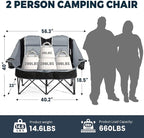 Oversized USLCamping Chair - 2 Person Portable Folding Outdoor Loveseat Heavy Duty Lawn Chairs for Adults with Padded Cushion & Dual Cup Holders, Supports 660LBS for Camping，Sports，Picnic (Grey)