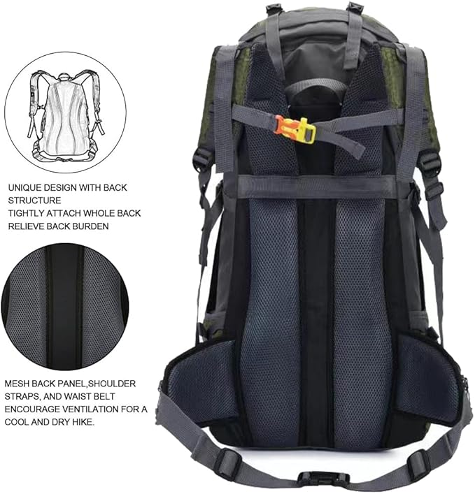 Bseash 60L Waterproof Hiking Camping Backpack with Rain Cover, Large Outdoor Sport Travel Daypack Rucksack for Climbing