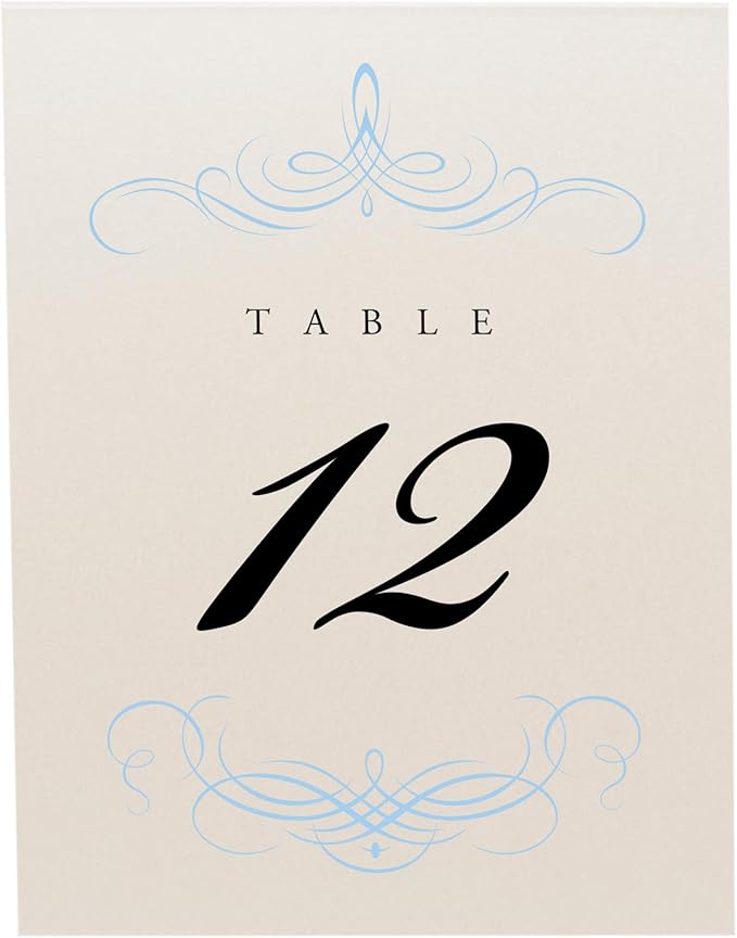 Decadent Flourish Wedding Table Numbers (Select Color/Quantity), Champagne, Light Blue, 1-25, Double Sided, Tent or Use in a Stand, Great for Parties & Restaurants