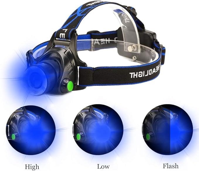 Blue LED Headlamp Flashlight Water Resistant Zoomable 3 Modes Blue Head Lamp for Fishing Hunting Outdoor Activities