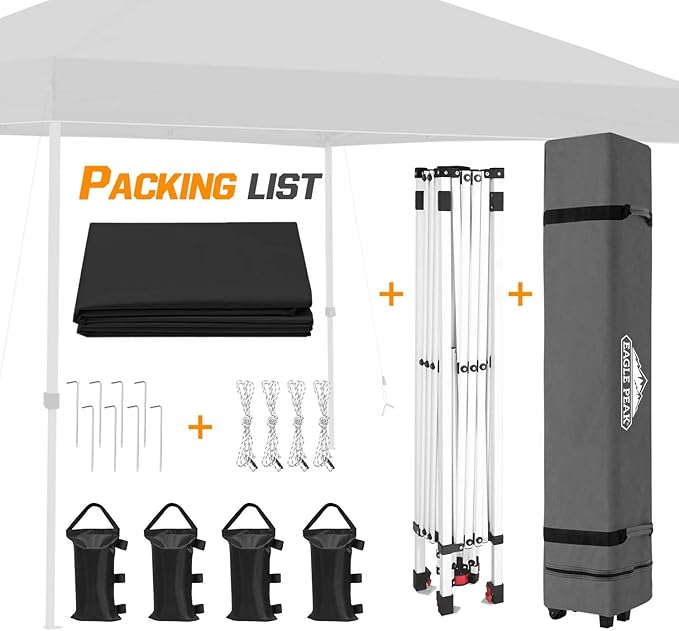EAGLE PEAK Pop Up Canopy Tent with Wheeled Carry Bag, 8 Stakes, 4 Ropes, 4 Weight Bags, Easy Set Up Tent Canopy, 10x10 ft, 100sqft of Shade, Black