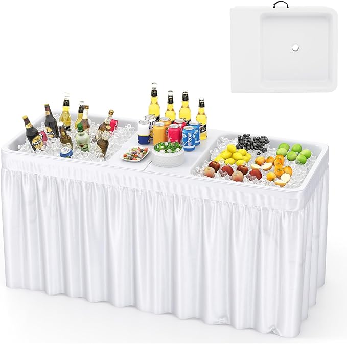 Giantex 5 FT Folding Ice Table with Double Sinks and Drains, Portable Ice Cooler Table with Removable Skirt, No Assembly, Foldable in Half, Fill and Chill Stand for Party Camping BBQ Wedding, White