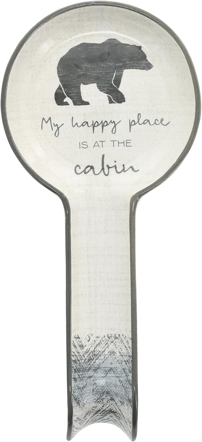 Pavilion Gift Company - At The Cabin - Bear 9" Stoneware Ceramic Spoon Rest Woodsy Outdoorsy Adventure Cabin Camping Camper Camp RV Tent, Gray & White