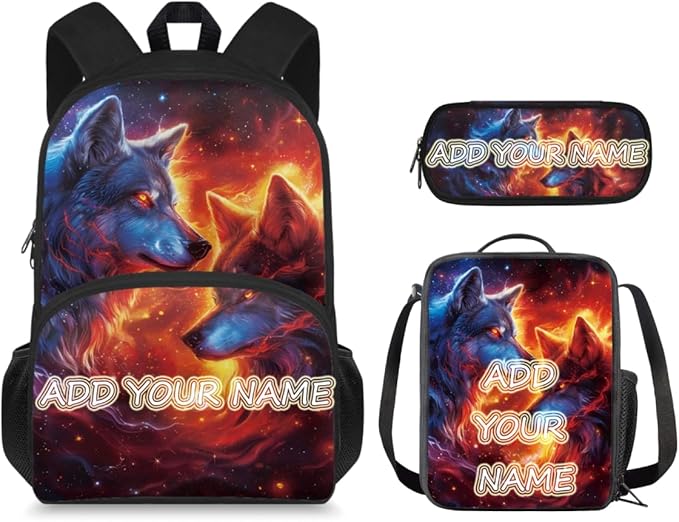 Ystardream Cool Wolf Backpack for Boys 10-12 Kids Backpack with Lunch Box Pencil Box Custom Student Backpack for Teenagers Primary School Backpack for School Travel Sports Camping