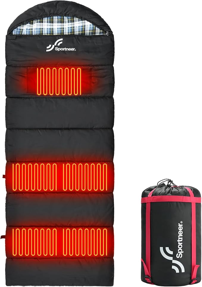 Sportneer Heated Sleeping Bag with 5 Heating Zones, Warm Flannel Cold Weather Sleeping Bag for Adults, 3 Heat Levels USB Powered (Power Bank Not Included), Winter Camping & Outdoor Hiking