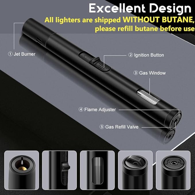 LcFun Torch Lighters 3 Pack Refillable Butane Lighter with Visible Fuel Window, Windproof Adjustable Jet Flame Long Lighters for Candle, Grill, BBQ, Camping, Fireworks (Butane NOT Included)