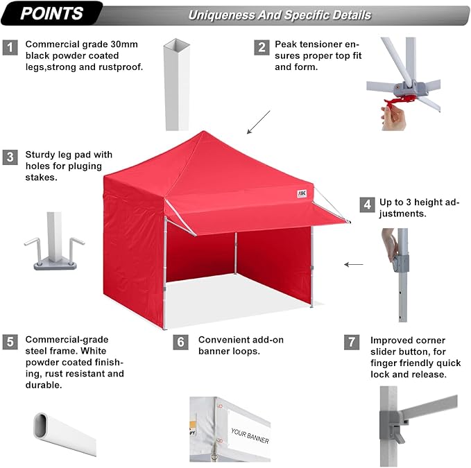 ABCCANOPY 10x10 Pop up Canopy Tent with Sidewalls - Easy up Canopies with Awning, Outdoor Tents for Parties, Market, Commercial Events, Red