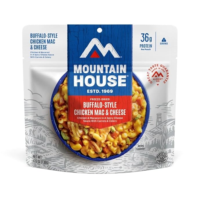 Mountain House Buffalo-Style Chicken Mac & Cheese Freeze-Dried Food for Camping, 12 Servings, 30-Year Shelf-Life