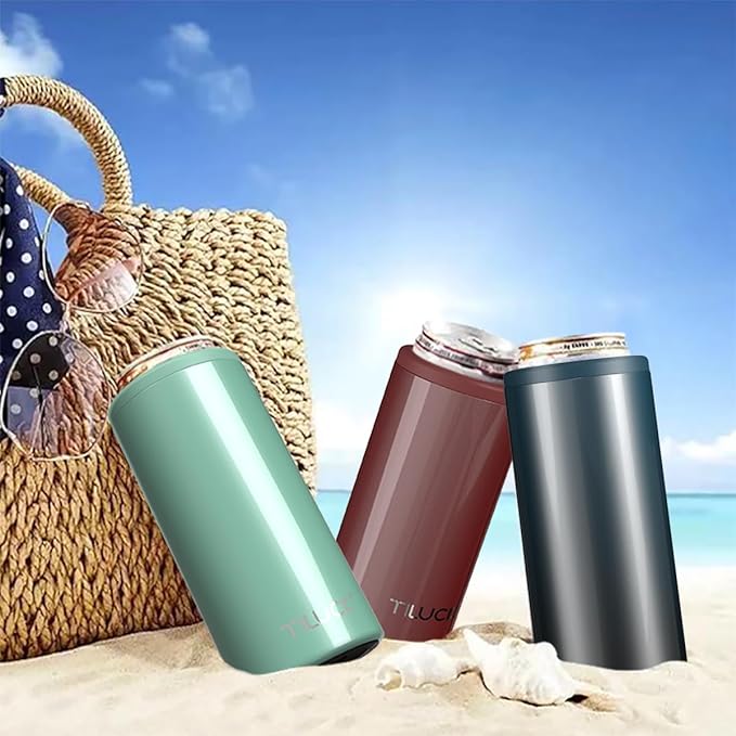 TILUCK Skinny Can Cooler for Slim Beer & Hard Seltzer, Stainless Steel, Doucle-Walled Stainless Steel Insulated Slim Cans, Standard 12 oz (Glitter Aqua)