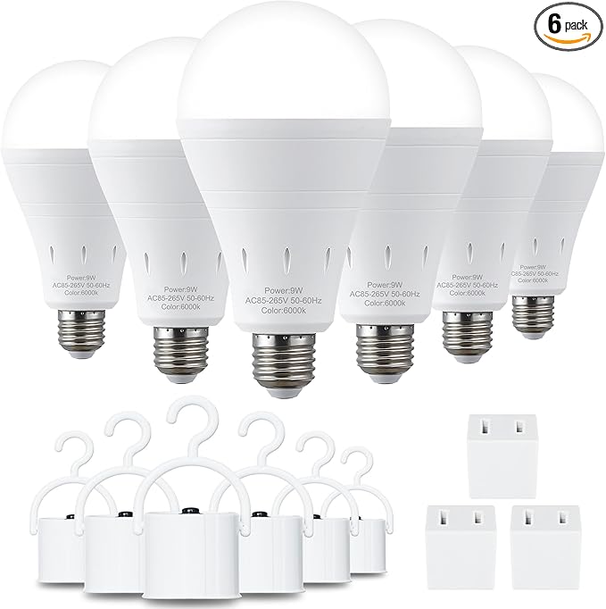 6 Pack Rechargeable Emergency Light Bulbs, Battery Powered LED Light Bulb 6000K Daylight E26 120 Volt 9W 60W Equivalent with 1200mAh for Home Power Outage Camping Hurricane