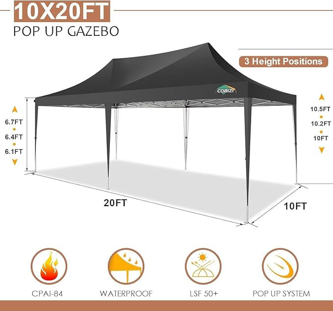 COBIZI 10x20 Pop Up Canopy Tent with Sidewalls, Outdoor Party Tent, Waterproof & UV50+, 3 Adjustable Heights, Higher Frame Design for Parties Backyard, Weddings, Markets, Black