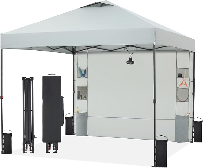 10'x10' Pop Up Canopy Tent with 1 Sidewall and 6 Pockets, One Push Setup, Instant Shade Tent with Vented Roof for Beach Patio Outdoor, Case, 8 Stakes, 4 Ropes, 4 Sandbags (Light Gray, 10x10)