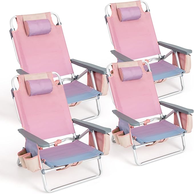 Goplus Beach Chair, Folding Backpack Beach Chairs for Adults with 5 Positions, Head Pillow, Cooler Bag, Towel Bar, Cup Holders, Sunbath Sling Tanning Lounge, Foldable Layout Camping Chairs