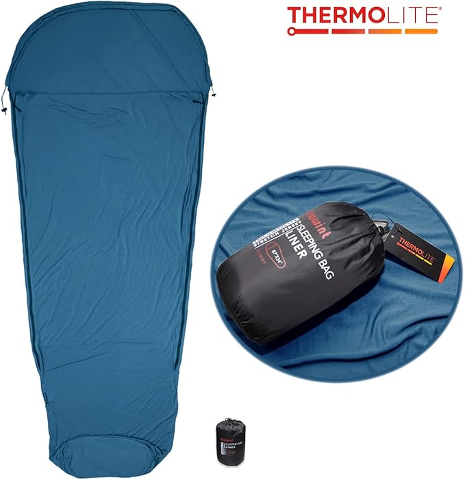 BROWINT Thermolite Sleeping Bag Liner with Zippers for Cold Weather, Lightweight Mummy with Hood & Rectangular Sleep Sack for Adult, Adds Warmth, Thermal Travel Liner, All Season