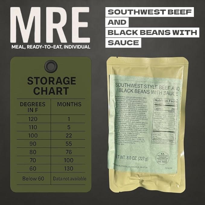 MRE (Meal-Ready-to-Eat) | Single Serving Entree | Emergency Meals | Survival Food | Fresh Dates | Long Shelf Life | Made in USA (3-Pack, Southwest Style Beef and Black Beans)