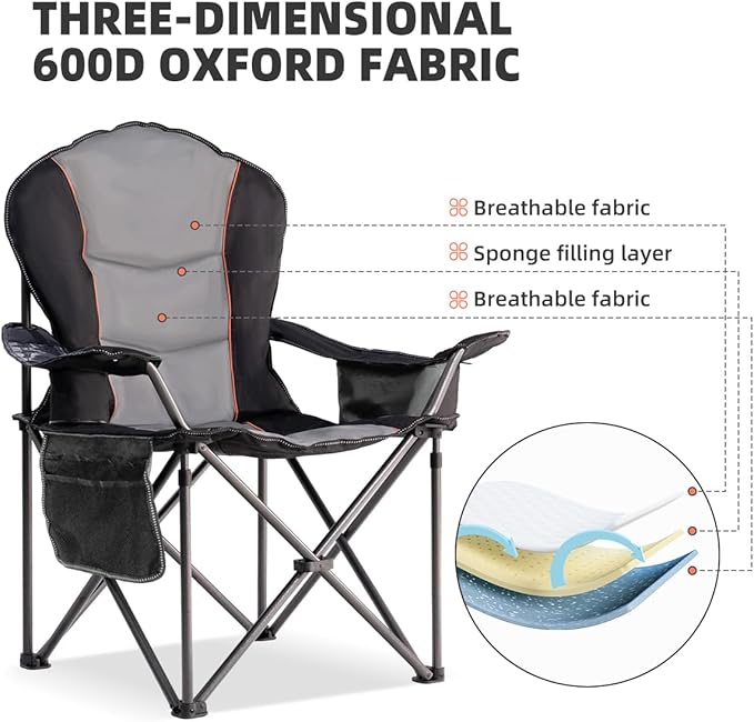 Large Camping Chair with Side Table Heavy Duty 500LBS - Folding Outdoor Chair with Cooler Bag (Black & Light Gray, 1 PCS)