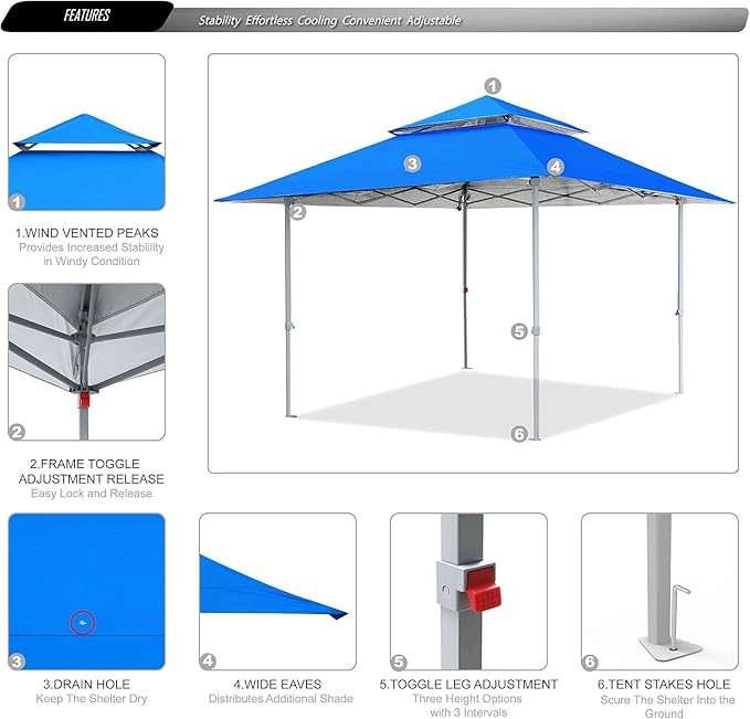 ABCCANOPY 13x13 Pop Up Canopy with Double Ventilated Top, 4 Sandbags, 4 Ropes and 8 Stakes (Blue)