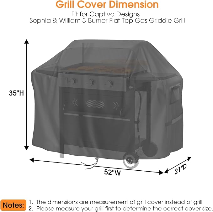 Grill Cover for Captiva Designs GR20 3-Burner Flat Top Gas Griddle Grill, 600D Heavy Duty Waterproof Grill Cover for Sophia & William Flat Top Gas Griddle Grill- 52x21x35Inch