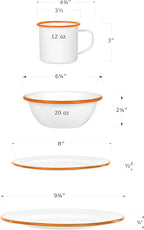 Red Co. 16-Piece Enamelware Metal Dinnerware Set for 4, Solid White/Orange Rim