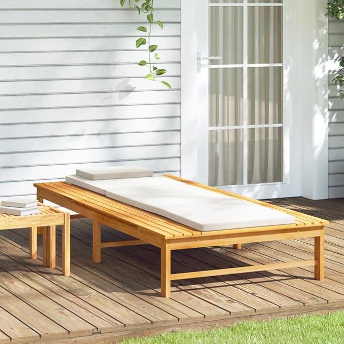 Sun Lounger with Cream White Cushion and Pillow Solid Wood Acaciapatio Chairs Outdoor Lounge Chairs Tanning Chair Recliner chairSuitable for Gardens, courtyards