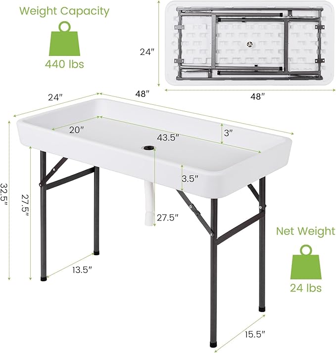 Giantex Folding Ice Table with Drain, 4 ft Portable Cooler with Removable Skirt, No Assembly, Fill and Chill Table for Food Drink Beverage, Foldable Party Ice Bin for Camping BBQ Outdoor, White