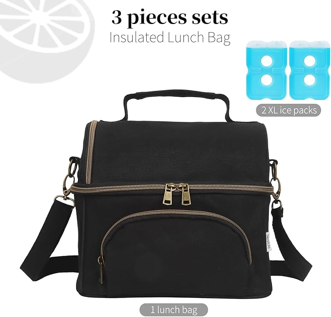 Waxed Canvas Lunch Cooler Bag for Men, Insulated Lunch Box with Two Compartment, Small Soft Cooler Lunch Bags with 2 Ice-Packs, 10.5L Leakproof Lunchbox for Work, Camping, Beach and Road Trips