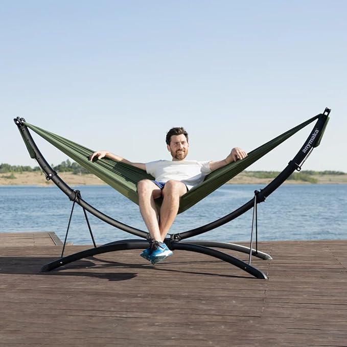 anymaka Fast Set-up in 3 Seconds Adjustable Portable Aluminum Alloy Hammock Stand for Outside with Chair Mode & Lounge Mode up to 105'' - 550 LBS Capacity - Compact & Portable & Stable on Any Terrain