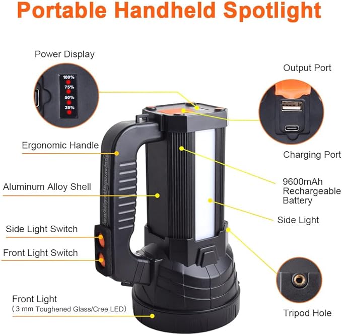 ERAY Handheld Large Flashlight Rechargeable, 10000 Lumens Powerful LED Spotlight Searchlight Strobe Flashlight Lantern Combo Black, 6 Lighting Modes for Outdoor Camping Hiking Fishing Emergency