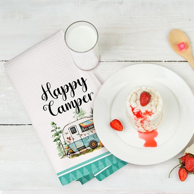 4Pcs Camping Kitchen Towels 24x14 Inch, Bonfire Forest Tent Rv Decor Waffle Weave Dish Towels for Kitchen, White Absorbent Microfiber Hand Tea Towel, Novelty Camping Gifts for Women Campers