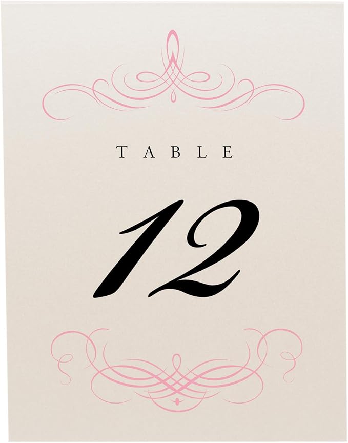 Decadent Flourish Wedding Table Numbers (Select Color/Quantity), Champagne, Pink, 1-90, Double Sided, Tent or Use in a Stand, Great for Parties & Restaurants - Made in the USA