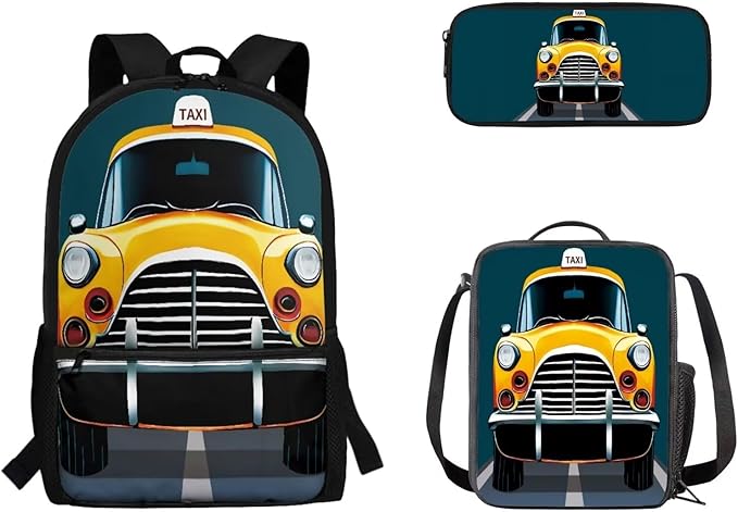 3 Set of Cartoon Taxi Pattern Backpack Set with Portable Lunch Box and Multilayer Structure Dirt-resistant Pencil Case for Boys Elementary High School Students