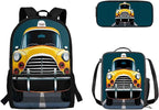 3 Set of Cartoon Taxi Pattern Backpack Set with Portable Lunch Box and Multilayer Structure Dirt-resistant Pencil Case for Boys Elementary High School Students
