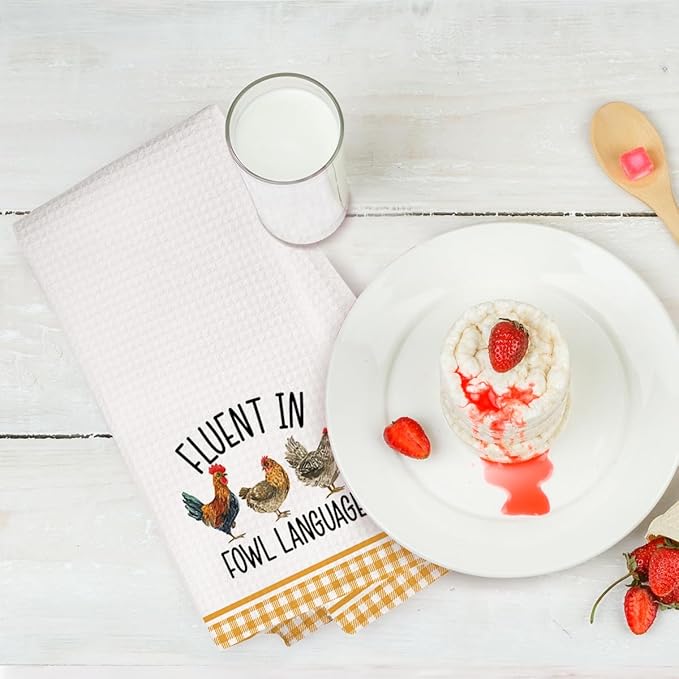 2Pcs Funny Kitchen Towels 24x14 Inch, Rooster Chicken Kitchen Decor Waffle Weave Hand Towels for Farmhouse, White Absorbent Microfiber Dish Cloth Tea Towel Chicken Gifts for Women Mom 3