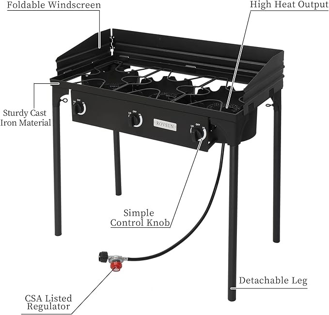 Bonnlo 3-Burner Outdoor Portable Propane Burner Stove 225,000-BTU Gas Cooker with Windscreen & Carrying Bag, Heavy Duty Iron Cast Patio Burner with Detachable Stand Legs for Camp Cooking