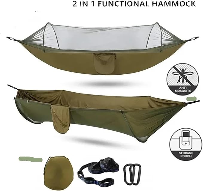 Compatible For Camping Hammock With Mosquito Net Pop-Up Light Portable Outdoor Parachute Hammocks Swing Sleeping Hammock Camping Stuff(Army Green)