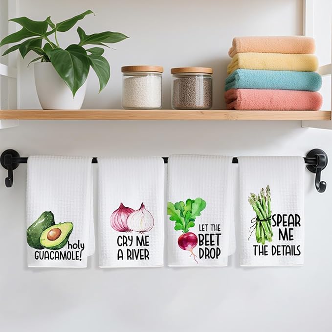 4Pcs Funny Kitchen Towels 24x14 Inch, Avocado Onion Asparagus Beet Waffle Weave Dish Towels for Kitchen Home Farmhouse, White Absorbent Microfiber Hand Tea Towel, Housewarming Gifts for Women Mom