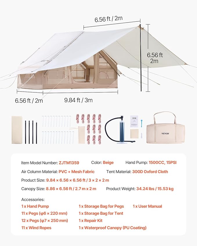 VEVOR Inflatable Tents for Camping, Easy Setup Blow up Tent with Hand Pump, 4 Season Glamping Tent with Stove Jack, Doors & Mesh Windows, Storage Bag Included for Easy Taking