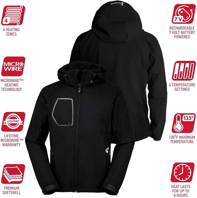 Gerbing Men's Torrid 2.0 Softshell Heated Jacket – 7V Battery Powered Heated Clothing for Winter Sports, Camping, Hunting