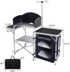 Folding Cooking Table Outdoor Portable Cook Station Aluminum Camping Kitchen with Storage Organizer, Windscreen, Hooks for BBQ, Party (Black)
