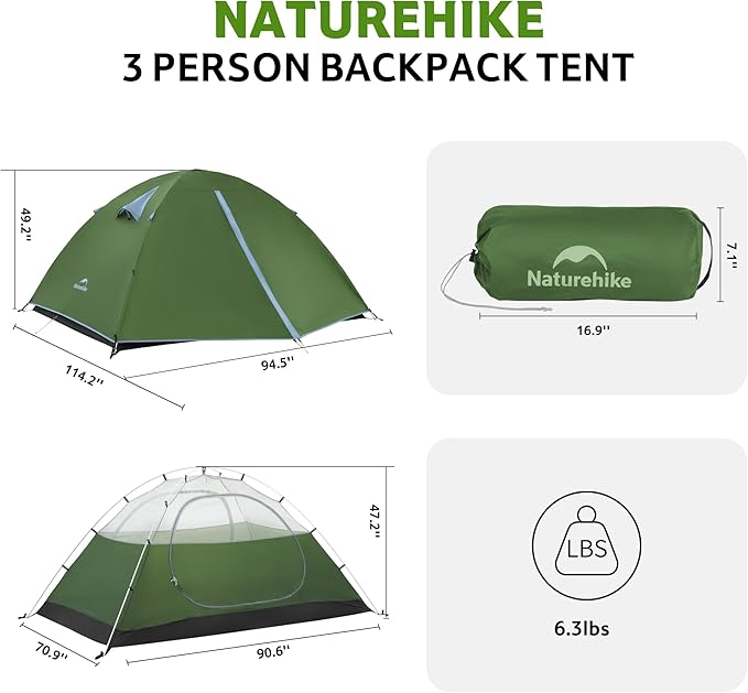 Naturehike Bleik 2-3 Person Camping Tent, Waterproof Double Layer Lightweight Backpacking Tents for Camping