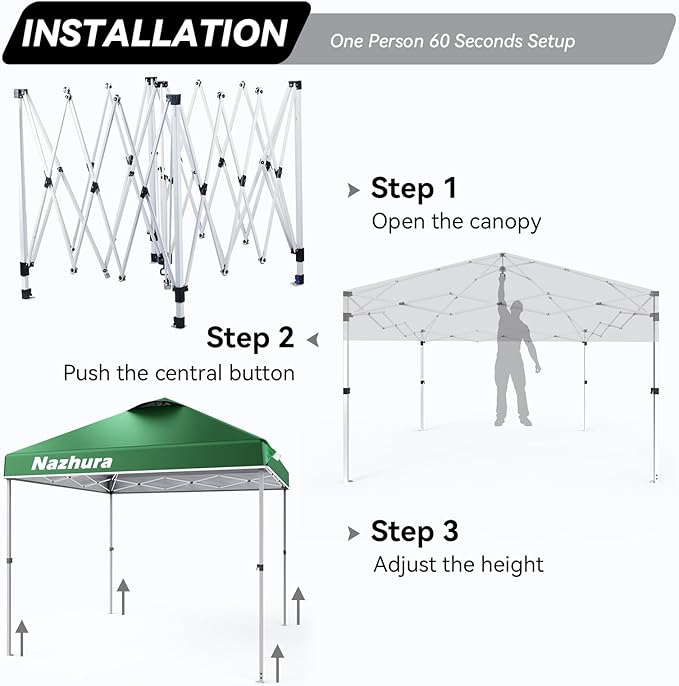 Nazhura 10' x 10' Pop Up Canopy Tent with Sand Weight Bag, Awing for Patio, Freestanding Sun Shelter for Picnic and Camping, One Person Setup, White (Green)