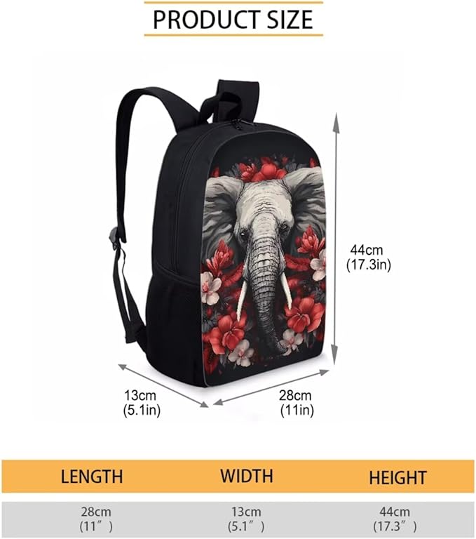 3 Pcs Elephant Red White Plumeria Flowers Print Travel Backpack for Women, Black Bookbag Waterproof School Bag Insulated Lunch Box Aesthetic Cosmetic Makeup Bag Stationery Pouch Bag