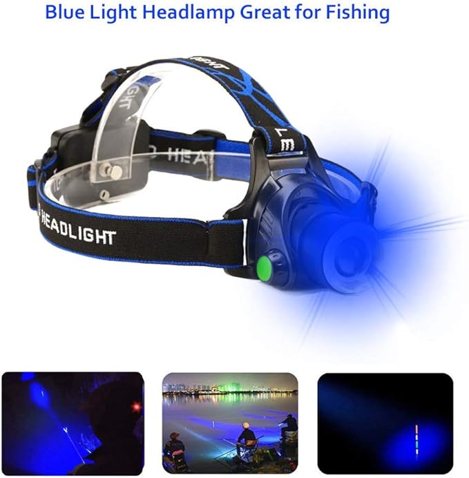 Blue LED Headlamp Flashlight Water Resistant Zoomable 3 Modes Blue Head Lamp for Fishing Hunting Outdoor Activities