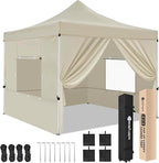 Yesker 10x10 Pop Up Canopy Tent with 4 Sidewalls Portable Folding Outdoor Canopy Easy Setup Gazebo Waterproof Instant Shelter Tent w Wheel Carry Bag sandbag for Events Parties Camping, Khaki Brown
