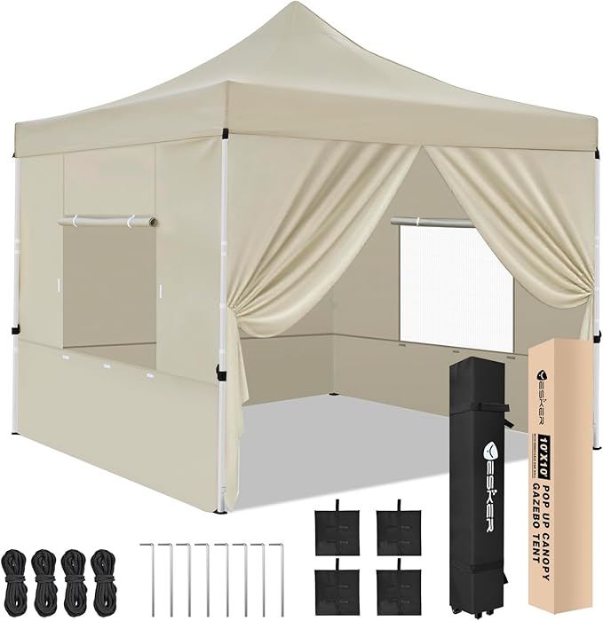 Yesker 10x10 Pop Up Canopy Tent with 4 Sidewalls Portable Folding Outdoor Canopy Easy Setup Gazebo Waterproof Instant Shelter Tent w Wheel Carry Bag sandbag for Events Parties Camping, Khaki Brown