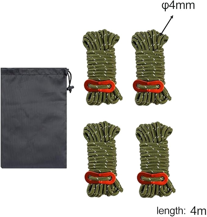 4 Pieces Tent Cords Reflective Guy Lines Heavy Duty Outdoor Climbing Ropes Lightweight Drawstring Bag Supplies for Hiking Travel Camping Backpacking S, Deep Green