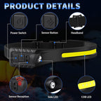 Headlamp Rechargeable 5Pack, 230° Wide Beam Head Lamp with 2 Spotlights, LED Headlamp with Motion Sensor, 5Mode Rechargeable Headlamp, Head Lights for Forehead, Headlamps for Adults Running Hard Hat